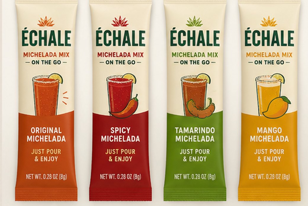 ÉCHALE flavor lineup: Original, Spicy, Tamarindo, and Mango michelada stick packets.